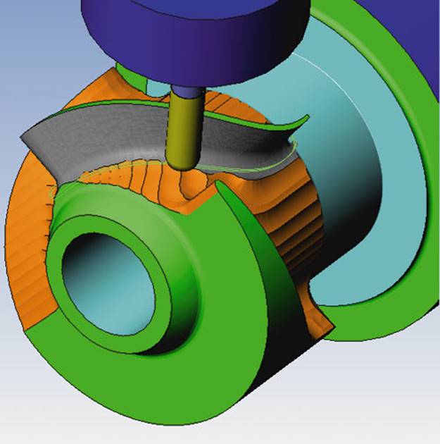 Рис. 9. Помимо стандартных 5-осевых функций ESPRIT поддерживает специальные стратегии обработки колес и лопаток турбин